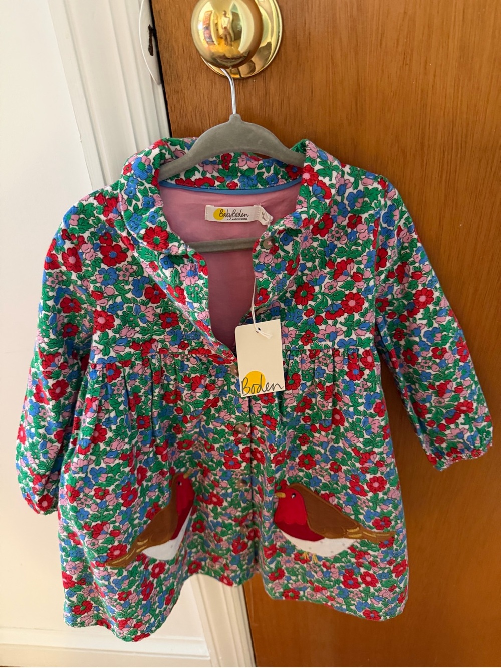Boden Corduroy Holiday Floral Bird Appliqué Dress - Pink, Red, Green, Blue